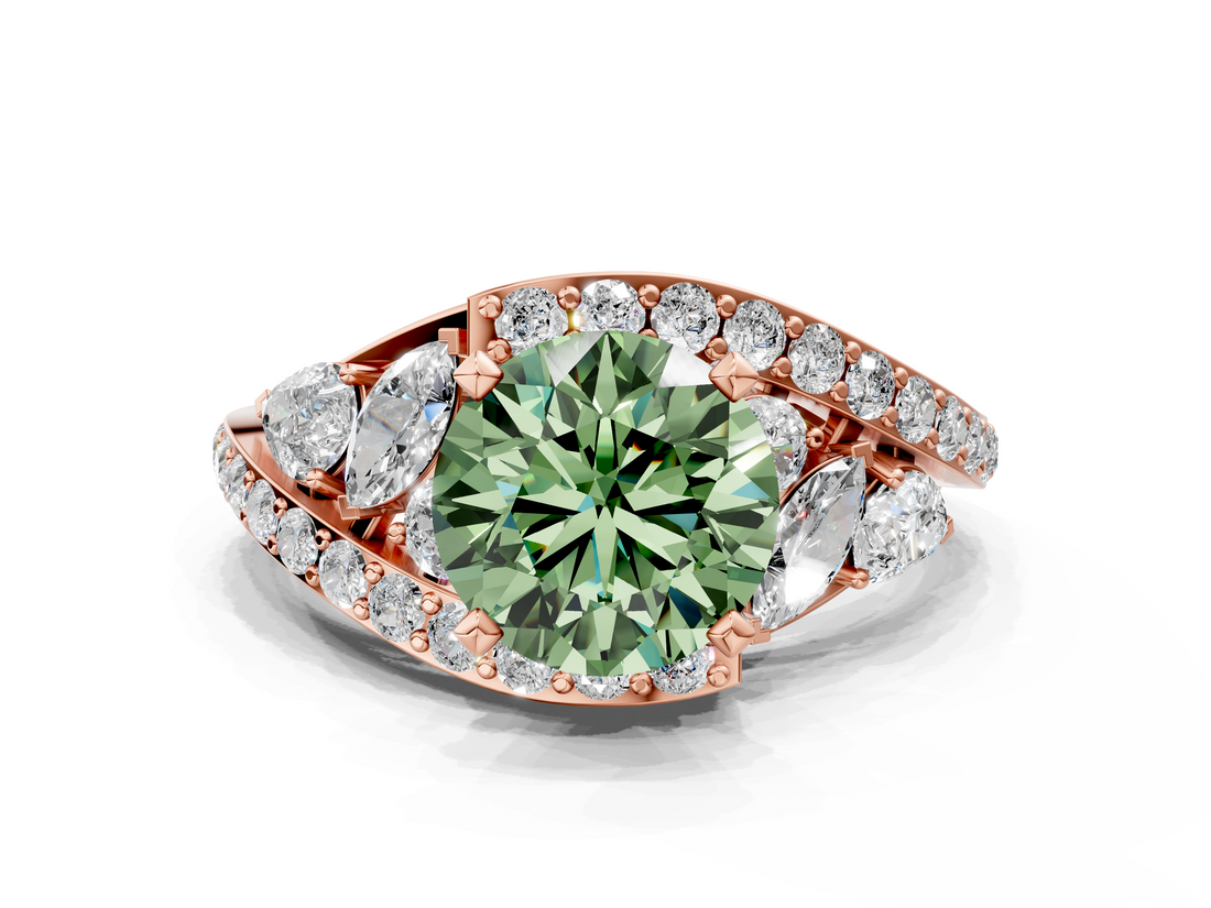 Rose gold Fancy Green Round  Diamond Halo Ring with Marquise and Pavé Band in Prong Setting_68