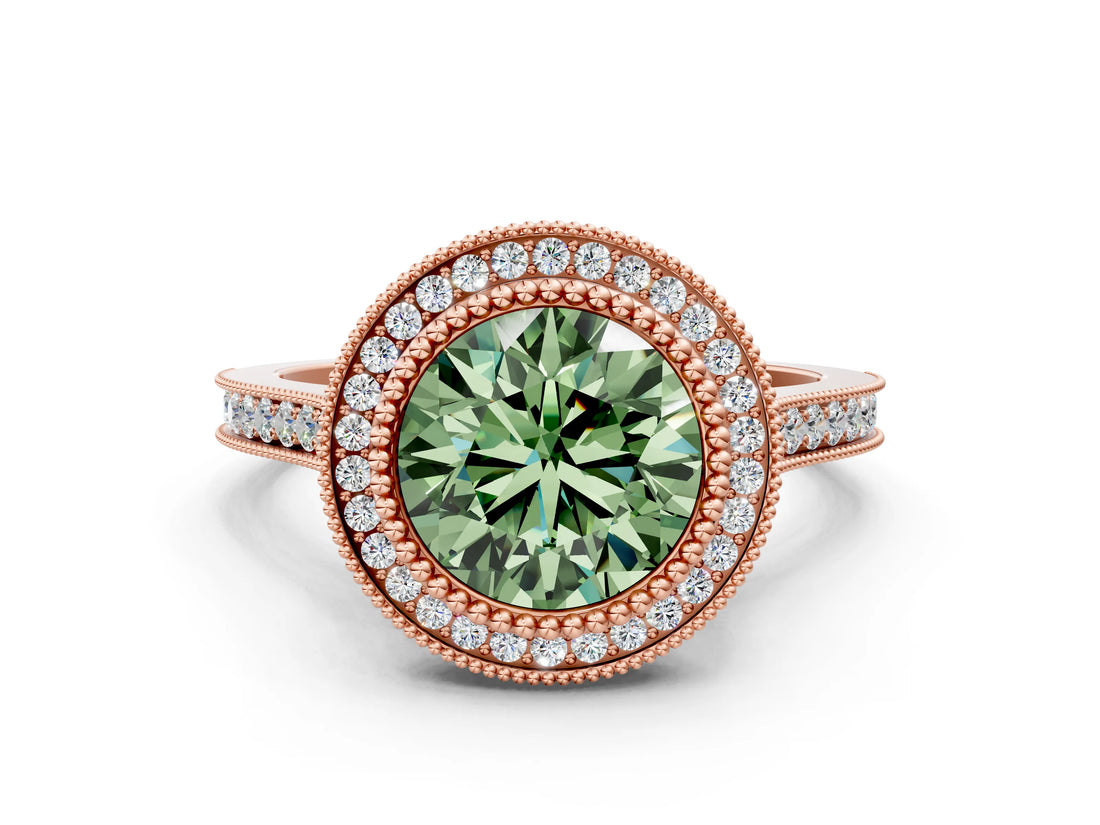 Rose gold Fancy Green Round  Diamond Halo Ring with Milgrain Frame and Pavé Band_60