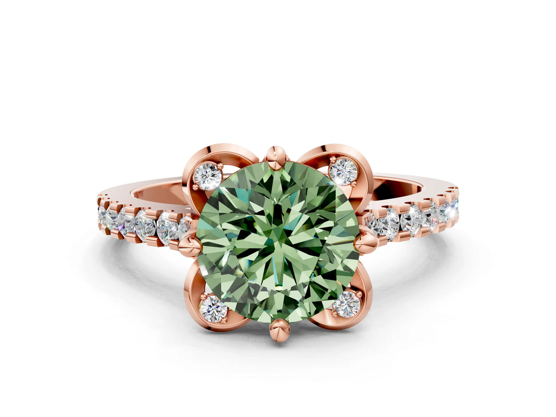 Rose gold Fancy Green Round  Diamond Pave Band with Floral Prong Setting_27