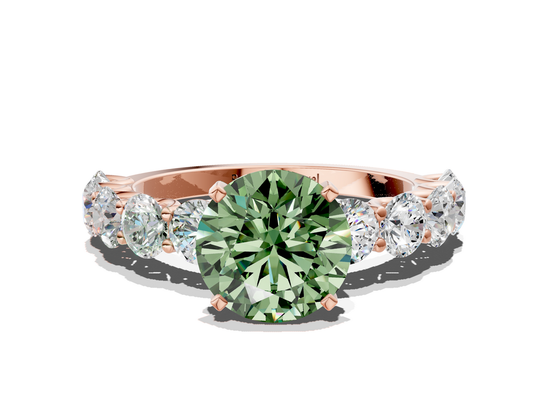 Rose gold Fancy Green Round  Diamond Prong Setting with Side Stones on a Pave Band_94