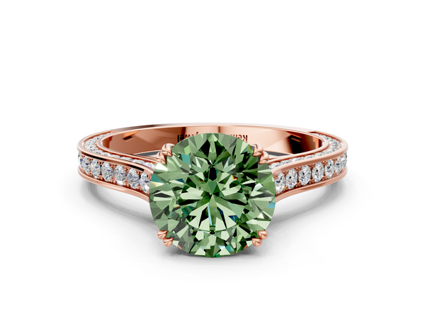 Rose gold Fancy Green Round  Diamond Solitaire with Pave Band and Six-Prong Setting