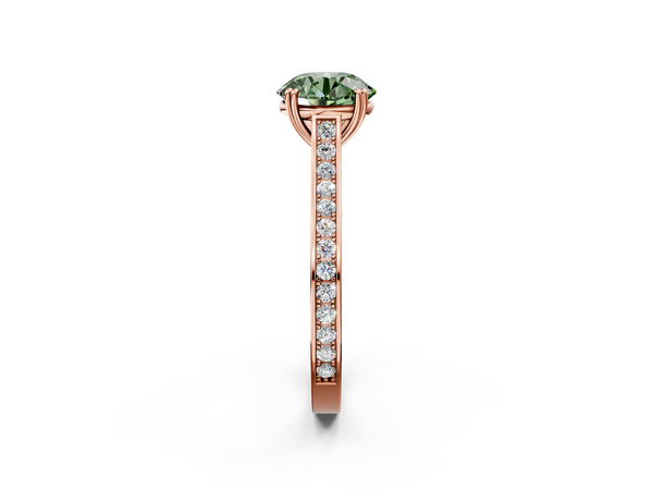 Rose gold Fancy Green Round  Diamond Solitaire with Pave Band and Six-Prong Setting