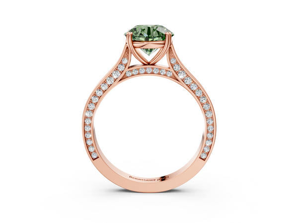 Rose gold Fancy Green Round  Diamond Solitaire with Pave Band and Six-Prong Setting