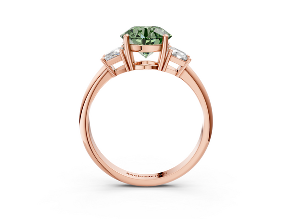 Rose Gold Round Three Stone Engagement Ring Setting for Fancy Green Center with Trapezoid Side Stones and Prong Head