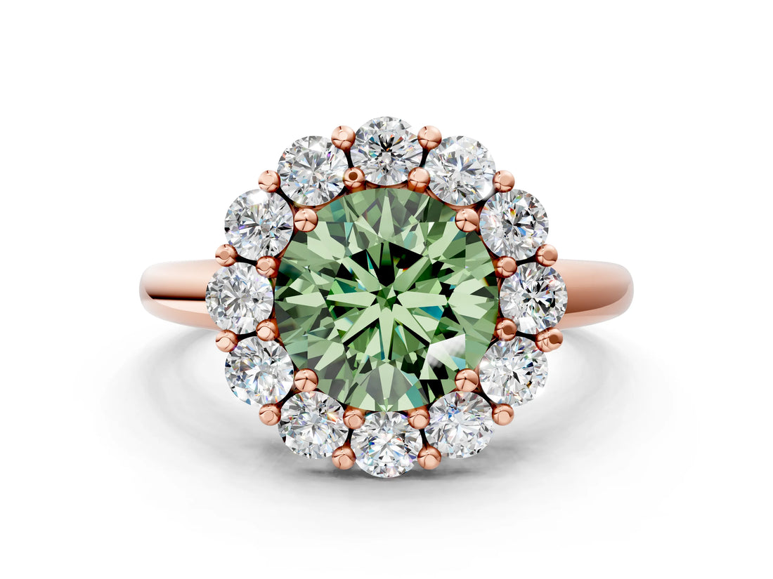 Rose gold Fancy Green Round  Halo Cluster Diamond Engagement Ring with Prong Setting and Polished Band_20