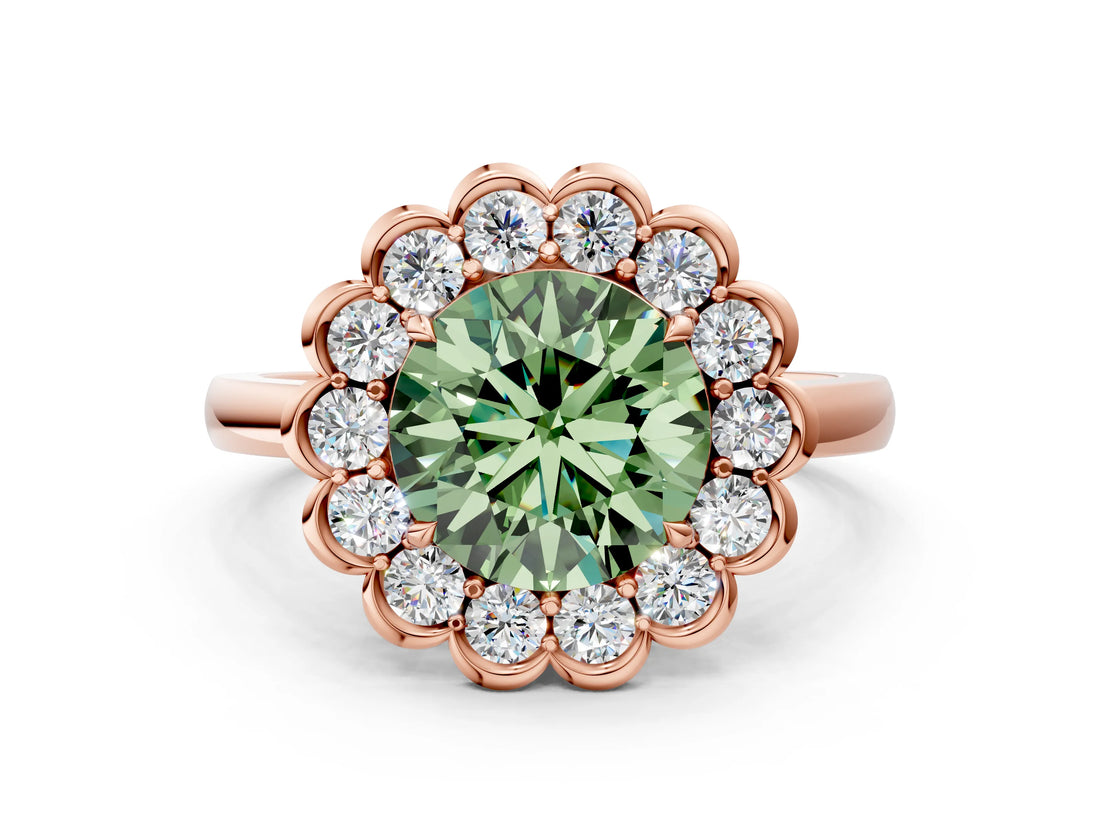 Rose gold Fancy Green Round  Halo Cluster Diamond Engagement Ring with Solitaire Band and Prong Setting_49
