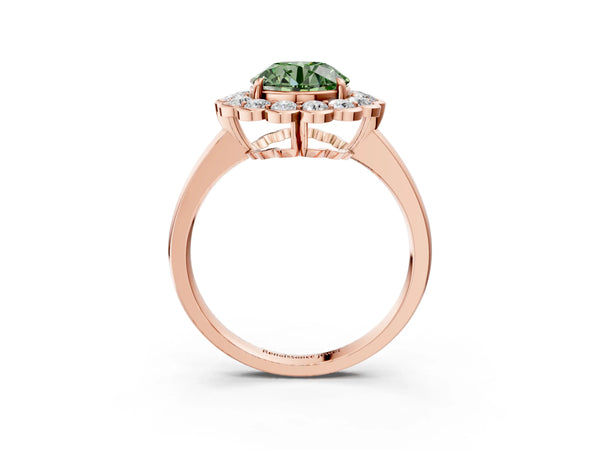 Rose gold Fancy Green Round  Halo Cluster Diamond Engagement Ring with Solitaire Band and Prong Setting