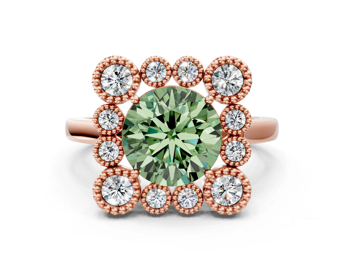 Rose gold Fancy Green Round  Halo Diamond Cluster Engagement Ring with Milgrain Bezel Setting and Solitaire Band_69