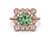 Rose gold Fancy Green Round  Halo Diamond Cluster Engagement Ring with Milgrain Bezel Setting and Solitaire Band_69