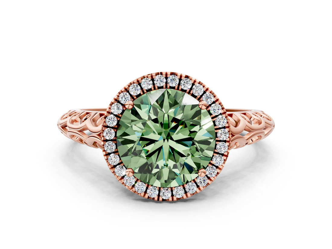 Rose gold Fancy Green Round  Halo Diamond Engagement Ring with Intricate Filigree Band and Four-Prong Setting_37