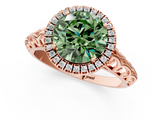 Rose gold Fancy Green Round  Halo Diamond Engagement Ring with Intricate Filigree Band and Four-Prong Setting_38
