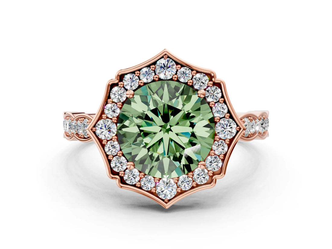 Rose gold Fancy Green Round  Halo Diamond Engagement Ring with Milgrain Band and Four-Prong Setting_54