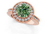 Rose gold Fancy Green Round  Halo Diamond Engagement Ring with Milgrain Pave Band and Four-Prong Setting_100