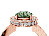 Rose gold Fancy Green Round  Halo Diamond Engagement Ring with Milgrain Pave Band and Four-Prong Setting_103