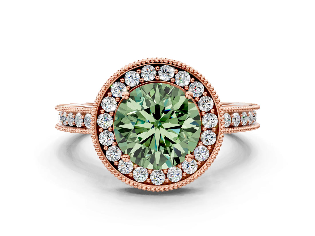 Rose gold Fancy Green Round  Halo Diamond Engagement Ring with Milgrain Pave Band and Four-Prong Setting_99