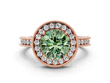 Rose gold Fancy Green Round  Halo Diamond Engagement Ring with Milgrain Pave Band and Four-Prong Setting_99