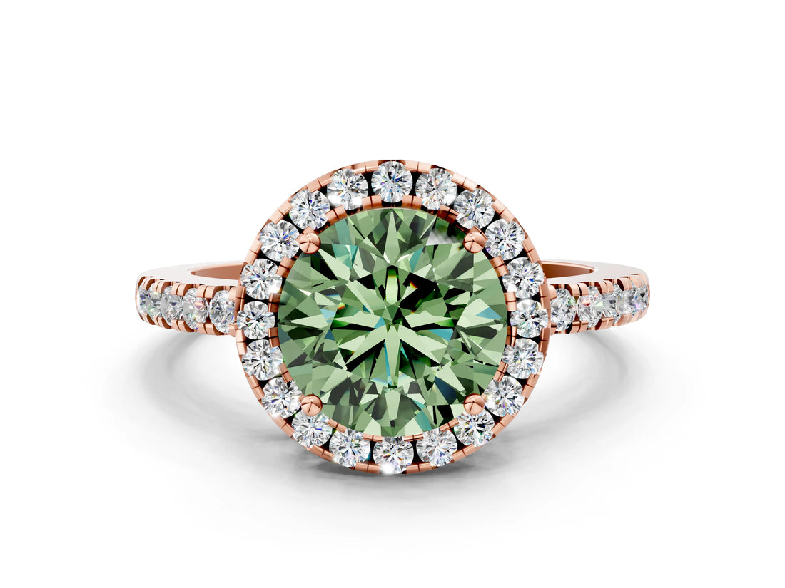 Rose gold Fancy Green Round  Halo Diamond Engagement Ring with Pavé Band and Four-Prong Setting_105