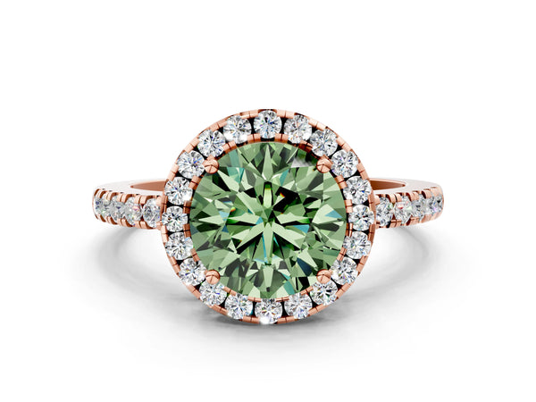 Rose gold Fancy Green Round  Halo Diamond Engagement Ring with Pavé Band and Four-Prong Setting