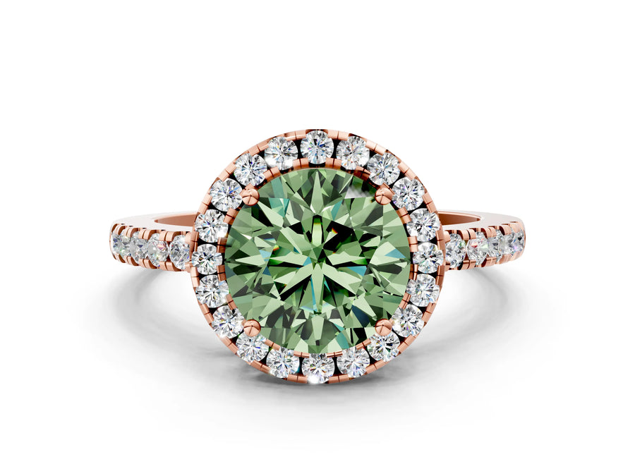 Rose gold Fancy Green Round  Halo Diamond Engagement Ring with Pavé Band and Four-Prong Setting