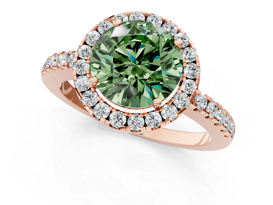 Rose gold Fancy Green Round  Halo Diamond Engagement Ring with Pavé Band and Four-Prong Setting
