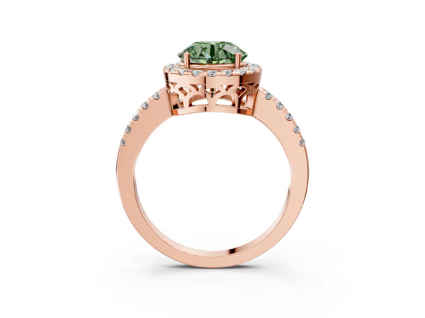 Rose gold Fancy Green Round  Halo Diamond Engagement Ring with Pavé Band and Four-Prong Setting