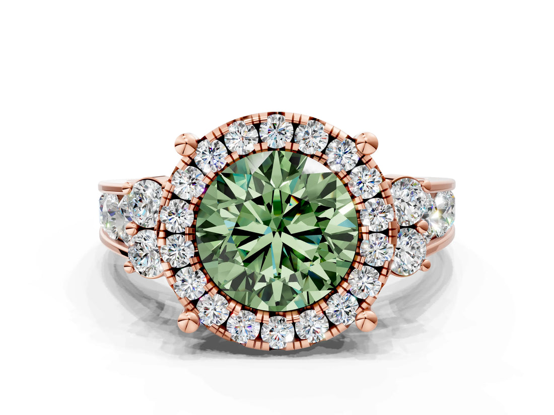 Rose gold Fancy Green Round  Halo Diamond Engagement Ring with Split Shank and Four-Prong Setting_42