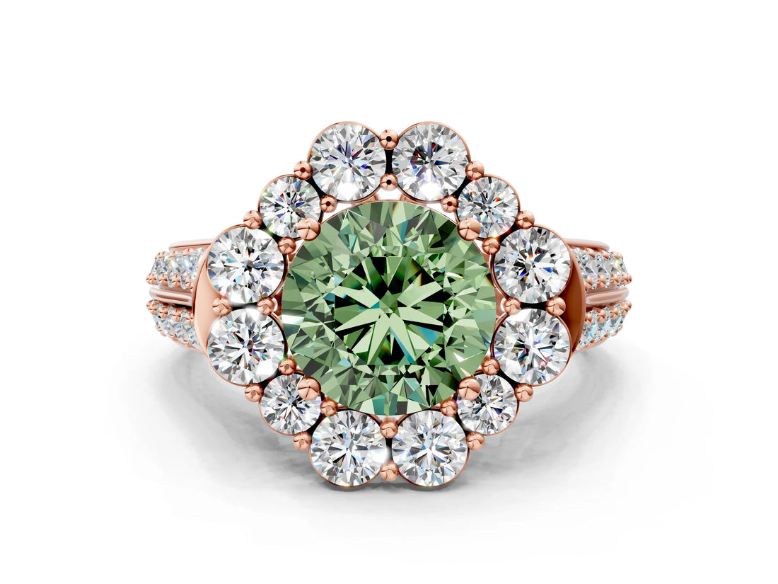 Rose gold Fancy Green Round  Halo Diamond Engagement Ring with Split Shank and Prong Setting_66