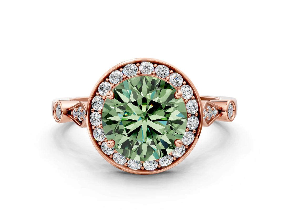Rose gold Fancy Green Round  Halo Diamond Engagement Ring with Twisted Band and Four-Prong Setting 1