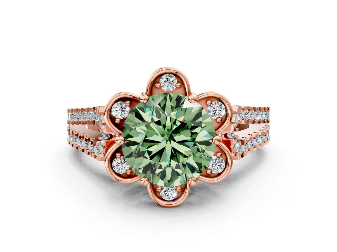 Rose gold Fancy Green Round  Halo Diamond Floral Split Shank Engagement Ring
