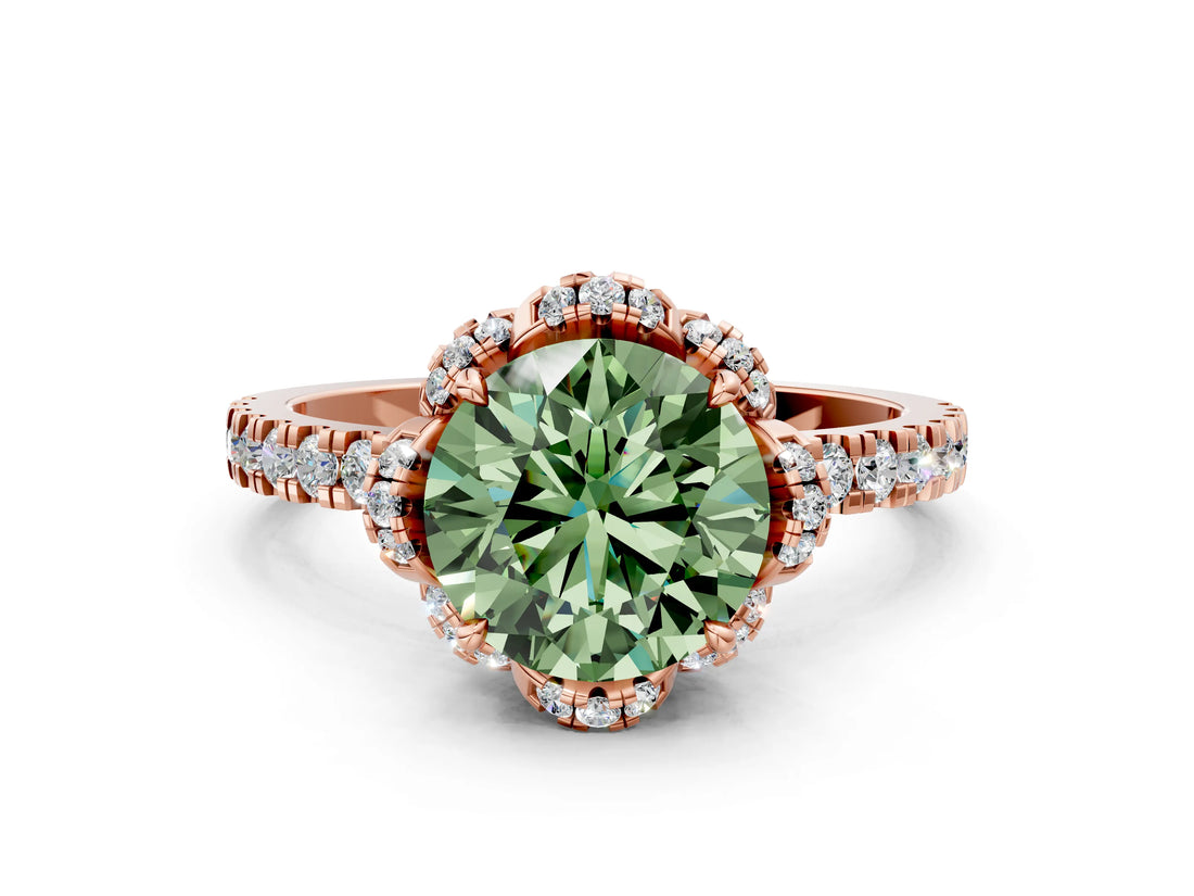 Rose gold Fancy Green Round  Halo Diamond Pave Band Ring with Four-Prong Setting_15