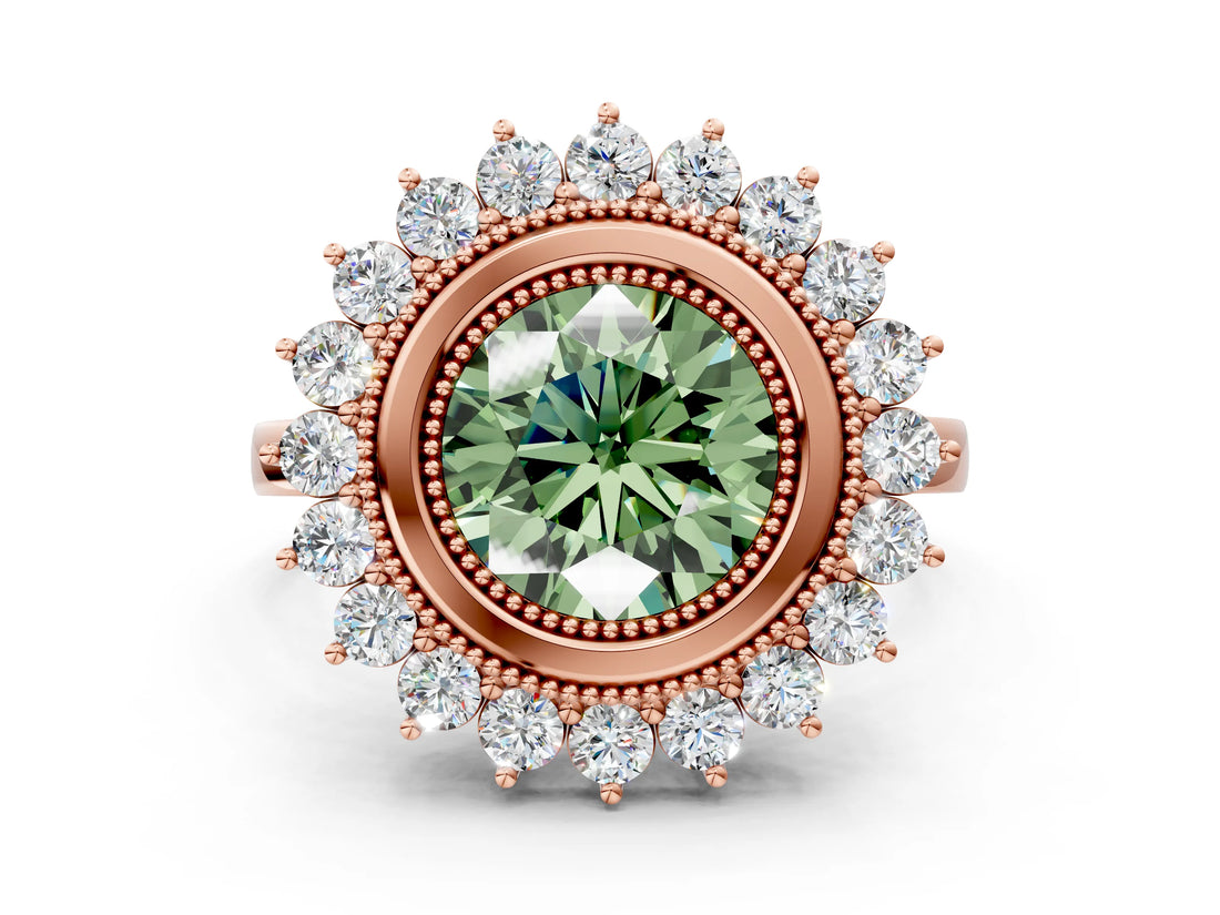 Rose gold Fancy Green Round  Halo Diamond Ring with Milgrain Edge and Round Prong Setting_26