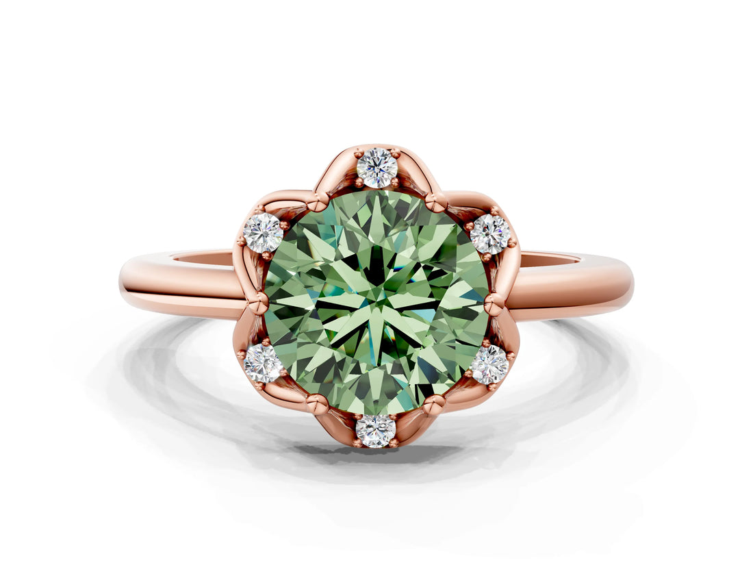 Rose gold Fancy Green Round  Halo Diamond Ring with Round Cluster Setting, Solitaire Band, and Four-Prong Setting_48