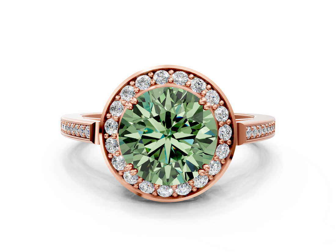 Rose gold Fancy Green Round  Halo Diamond Ring with Split Shank and Four-Prong Setting_62