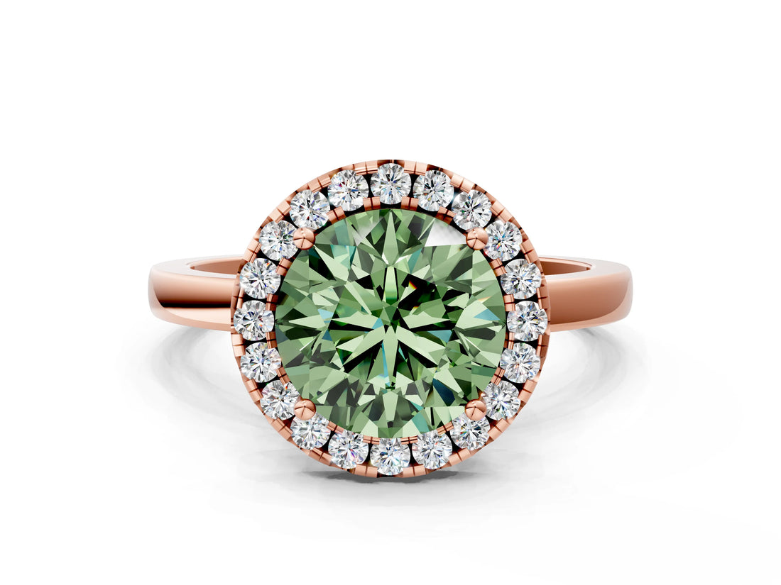 Rose gold Fancy Green Round  Halo Diamond Solitaire with Pavé Band and Four-Prong Setting_91