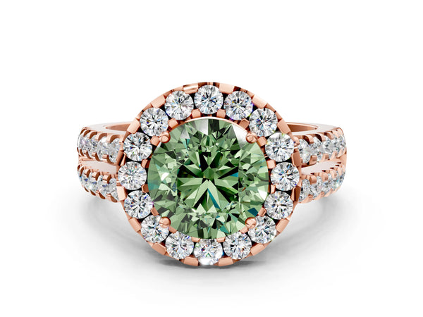 Rose gold Fancy Green Round  Halo Diamond Split Shank Engagement Ring with Prong Setting