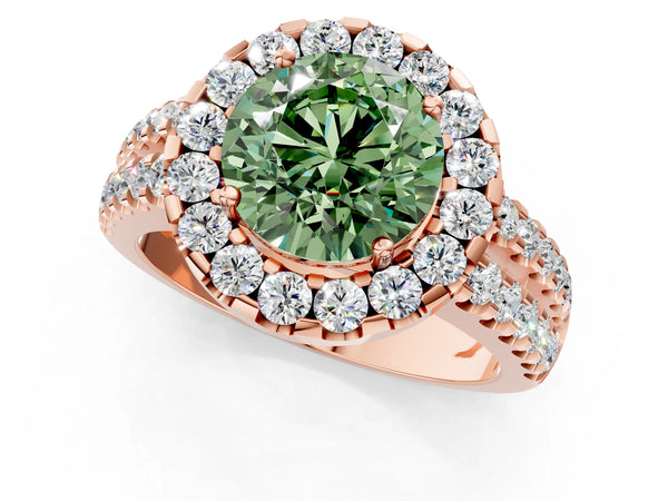 Rose gold Fancy Green Round  Halo Diamond Split Shank Engagement Ring with Prong Setting