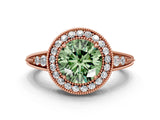 Rose gold Fancy Green Round  Halo Diamond Split Shank Ring with Milgrain Detail_50