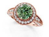 Rose gold Fancy Green Round  Halo Diamond Split Shank Ring with Milgrain Detail_51