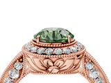 Rose gold Fancy Green Round  Halo Diamond Split Shank Ring with Milgrain Detail_54