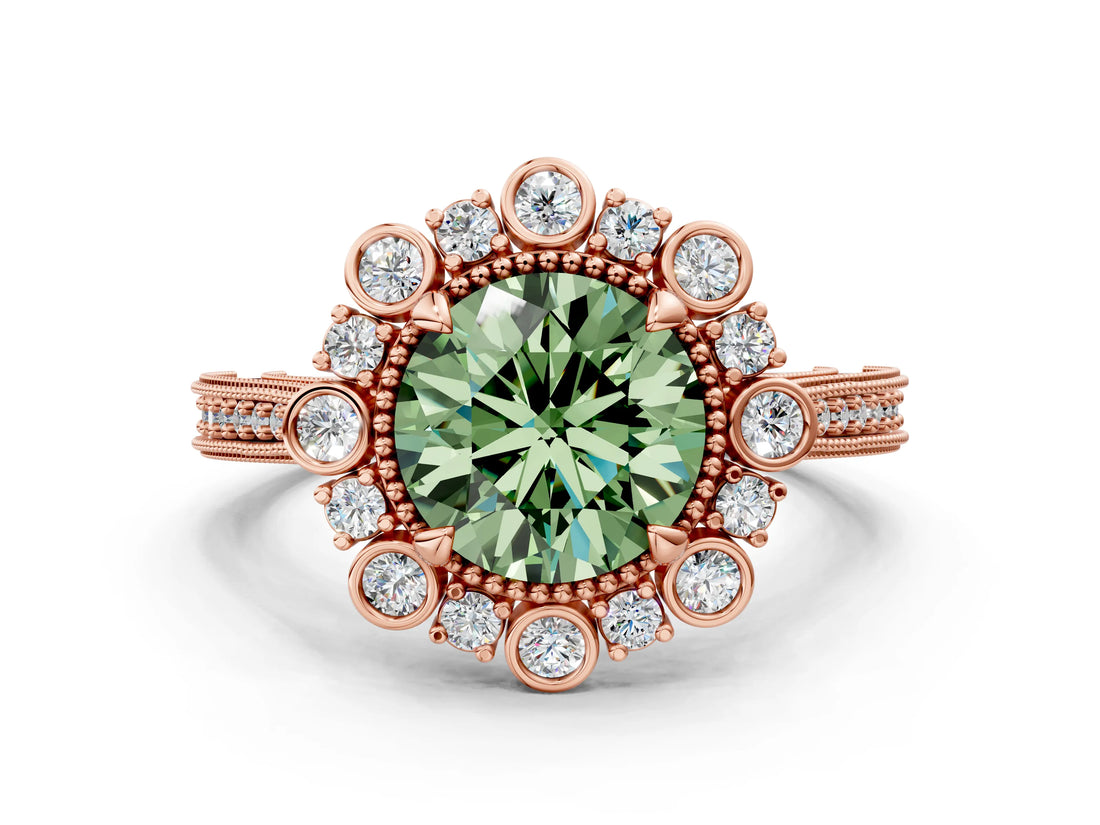 Rose gold Fancy Green Round  Halo Milgrain Pave Diamond Ring with Four-Prong Setting 1