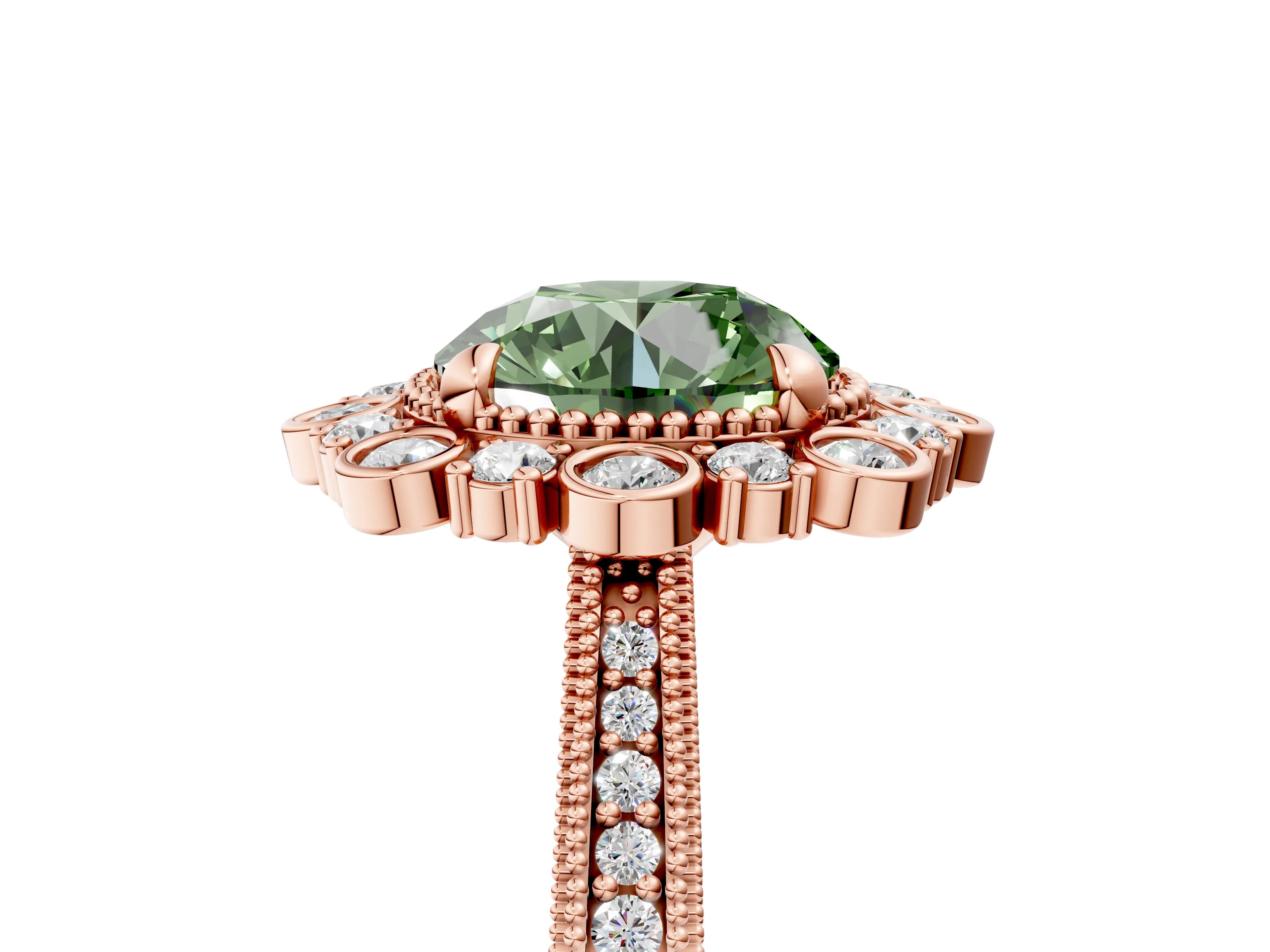 Rose gold Fancy Green Round  Halo Milgrain Pave Diamond Ring with Four-Prong Setting