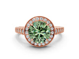 Rose gold Fancy Green Round  Halo Milgrain Solitaire with Bezel Set Side Stones and Pave Band_32