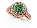 Rose gold Fancy Green Round  Halo Milgrain Solitaire with Bezel Set Side Stones and Pave Band_33
