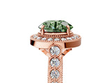 Rose gold Fancy Green Round  Halo Milgrain Solitaire with Bezel Set Side Stones and Pave Band_37