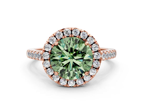 Rose gold Fancy Green Round  Halo Pavé Diamond Engagement Ring with Four-Prong Setting