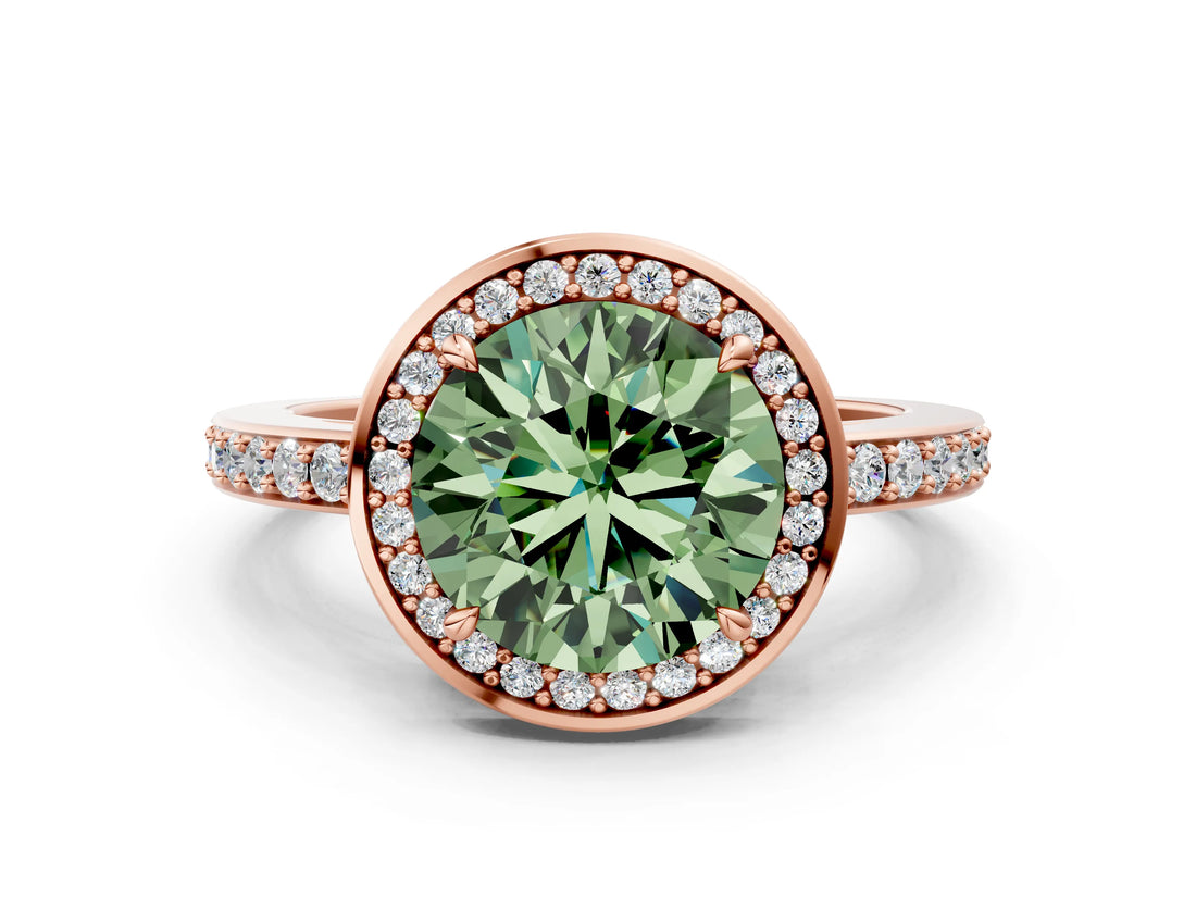 Rose gold Fancy Green Round  Halo Pave Band Solitaire Ring with Prong Setting_66