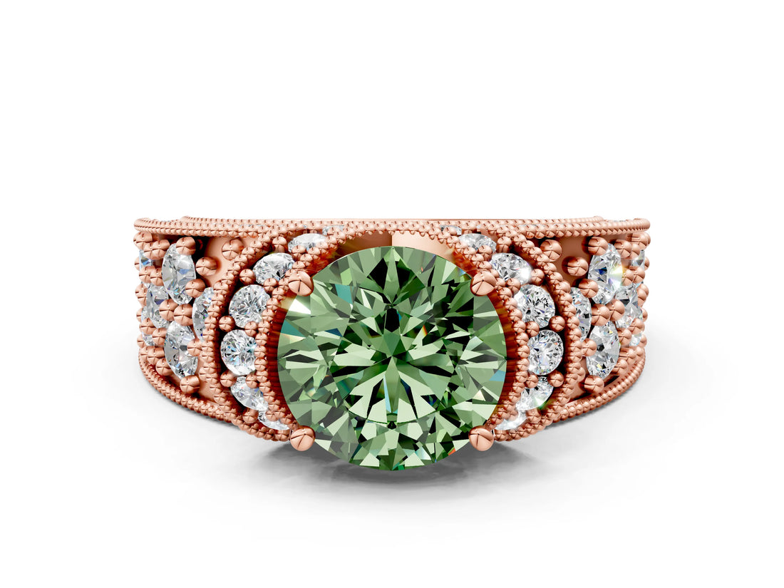 Rose gold Fancy Green Round  Halo Pave Diamond Engagement Ring with Milgrain Detailing_49