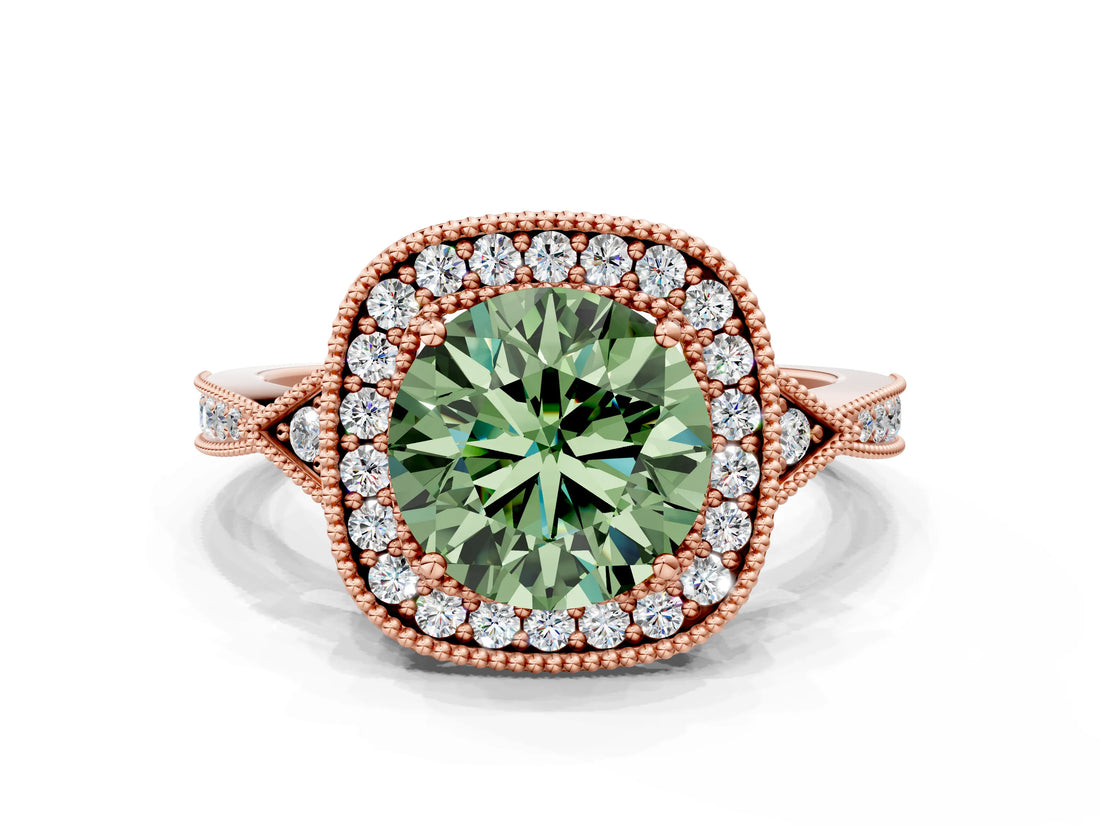 Rose gold Fancy Green Round  Halo Round Diamond Milgrain Pave Engagement Ring_3