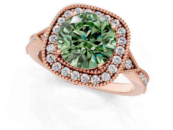 Rose gold Fancy Green Round  Halo Round Diamond Milgrain Pave Engagement Ring