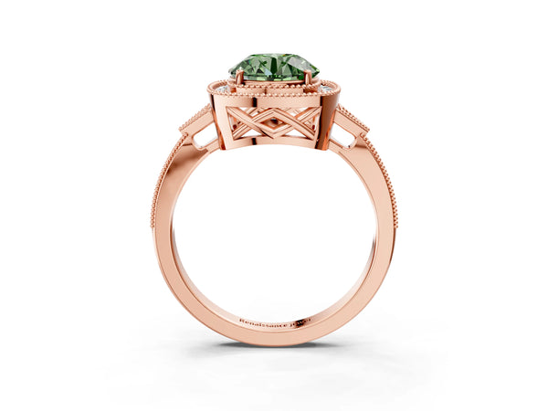 Rose gold Fancy Green Round  Halo Round Diamond Milgrain Pave Engagement Ring